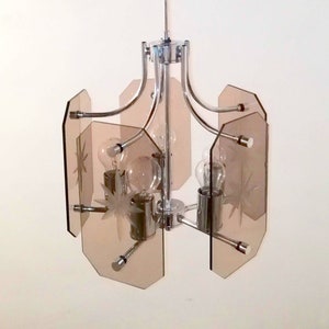 Midcentury Modern Chandelier / Smoked Glass Fontana Arte Veca Style Pendant Light / 70s Italy