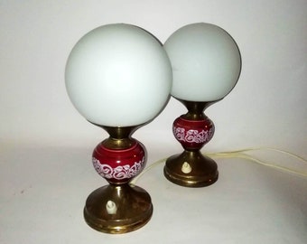 Vintage 70s Table Lamp Pair, Brass & Glass, Retro Night Lighting