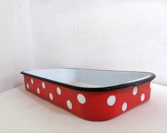 Vintage Rectangular Enamel Baking Tray/ Vintage Yugoslavian Baking Tray/ Enamel Tray/ Red Tray With White Polka Dots/ 80s/ Kitchen Decor