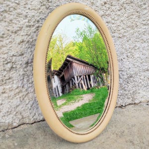 Vintage Mid Century Modern Mirror/ Wooden Beige Wall Mirror / Wall Decor / Entryway Oval Mirror /Retro Wall Mirror / Retro Home Decor/ 80s