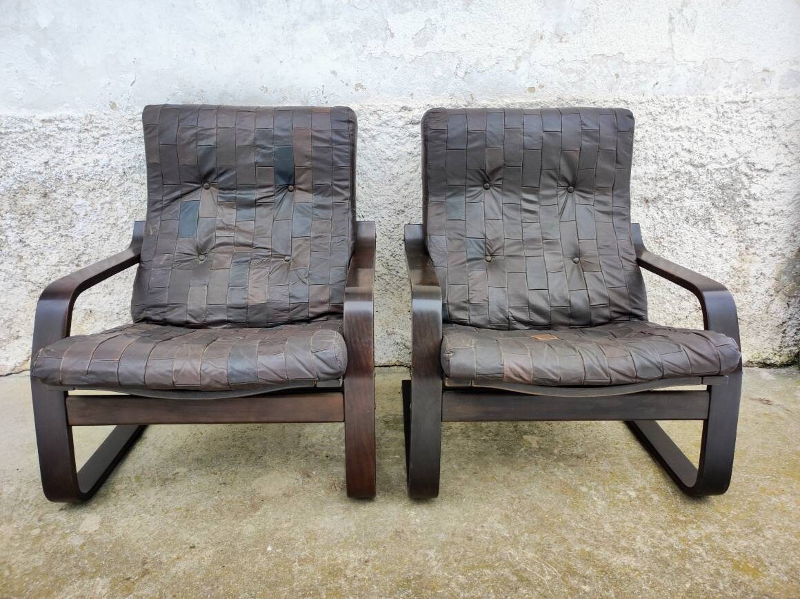 1 of 2 Vintage Coctail Armchairs/ Lounge Armchairs/Wooden and Leather Armchairs/ Mid Century Armchair/ Vintage Leather Resting Armchair /80s