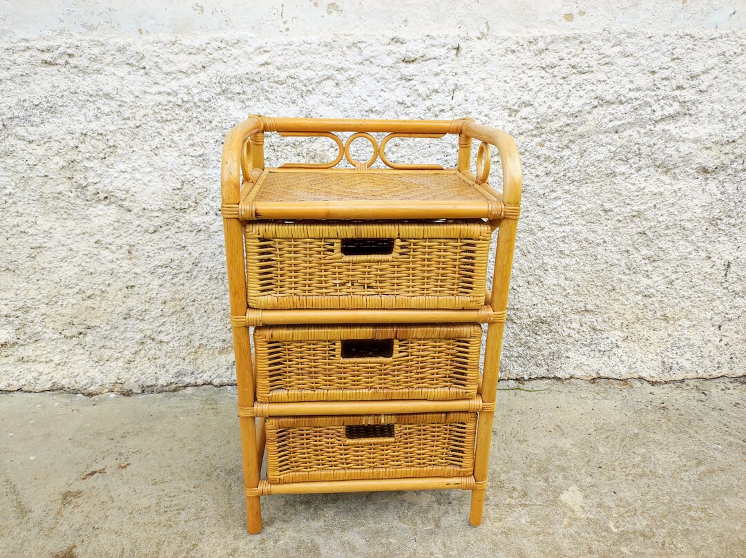 Vintage Rattan Bedside Table/ Rattan Dresser/ Wicker Three