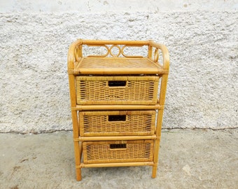 Vintage Rattan Bedside Table/ Rattan Dresser/ Wicker Cabinet/ Three-Drawers Rattan Furniture/ Retro Rattan Dresser/ Rattan Cabinet/ 80s