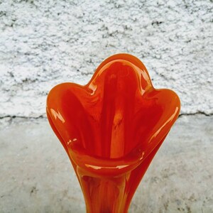 May include: A vibrant orange glass vase with a unique, organic shape. The vase has a flared top with rounded edges, and a smooth, glossy finish. The interior is a deep orange, creating a striking contrast.