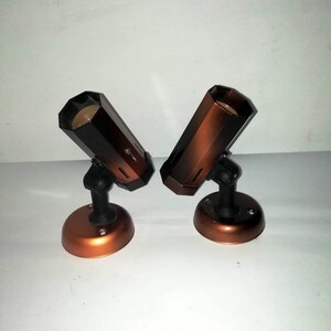 May include: Two brown and black metal spotlights with a copper base. The spotlights are angled towards the right and left.