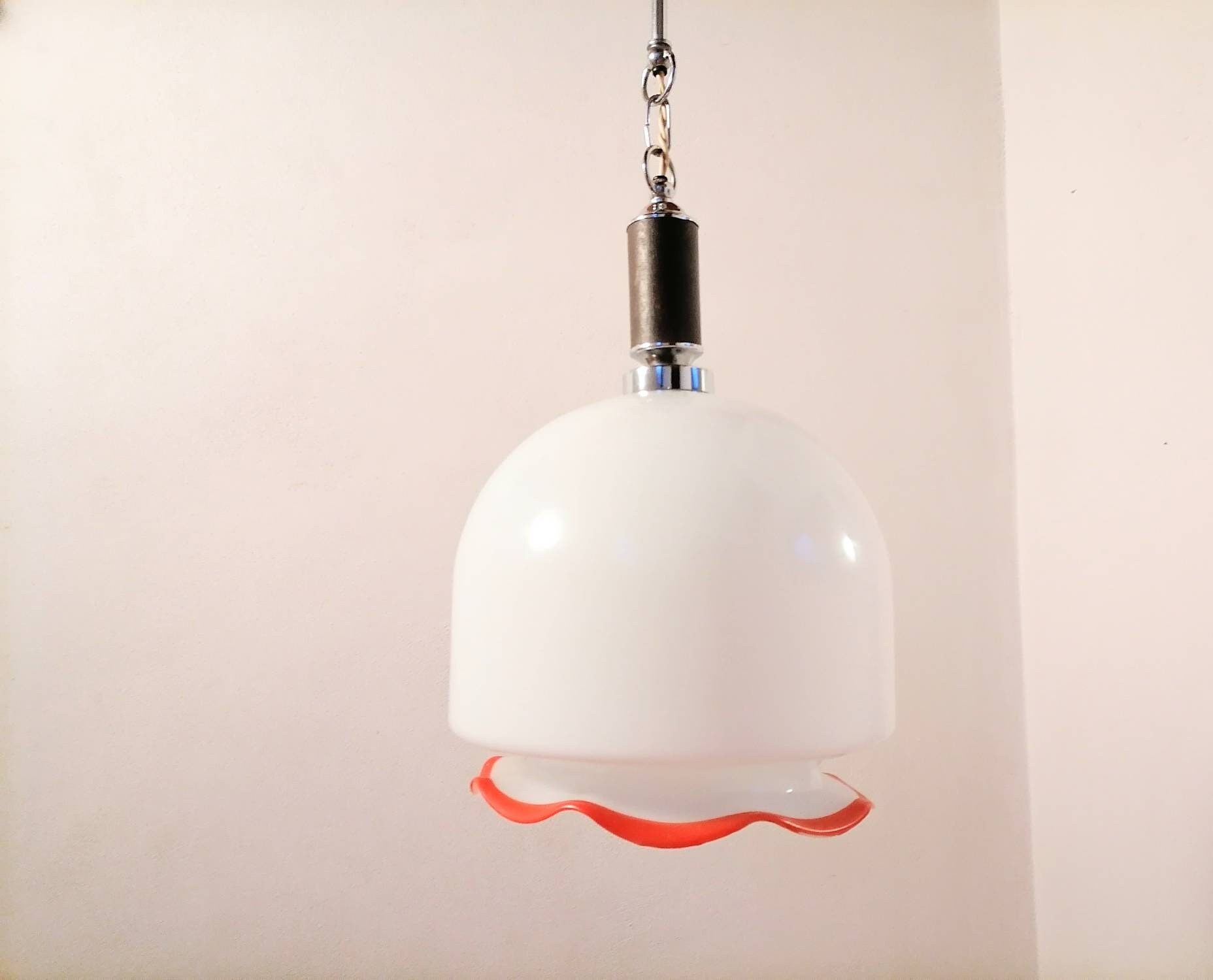Vintage Ceiling Light/ Pendant Light/ White Glass Hanging Light/ Fazzoletto Style Light/ Vintage Lightning/ Retro/ Yugoslavia/ 70s