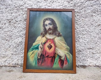 Lámina vintage enmarcada del Sagrado Corazón de Jesús - Decoración de pared religiosa de mediados de siglo