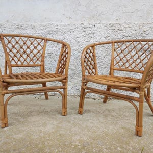 Vintage Pair of Rattan Chairs/ Wicker Chairs/ Boho Style / Pair of Bamboo Chairs/ Patio Furniture / 80s/ Vintage Furniture / Rattan Armchair