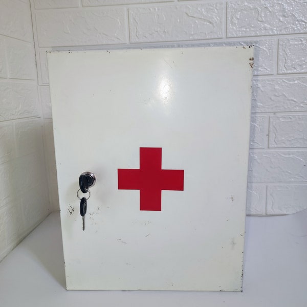 Vintage Medical Locker / Metal First Aid Cabinet / Red Cross Cabinet / Home Decor / Vintage Storage / Mid Century/ First Aid Metal Box/ 90s