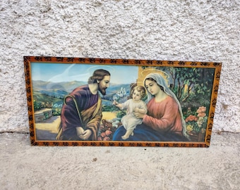 Lámina artística vintage de la Sagrada Familia, cuadro católico enmarcado