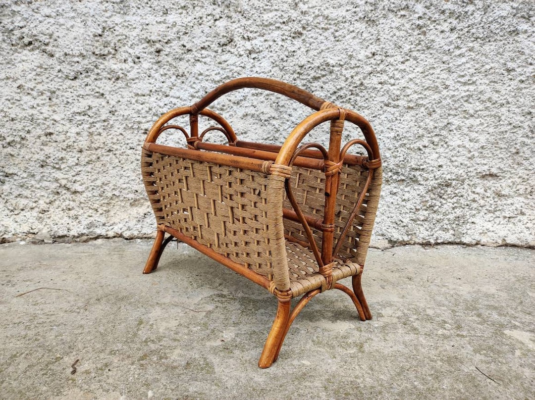 Vintage Rattan Magazine Stand/ Mid Century Rattan Newspaper Stand