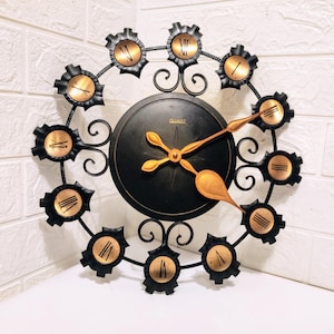 Vintage Starburst Wall Clock: Mid Century Modern Black & Brass Decor