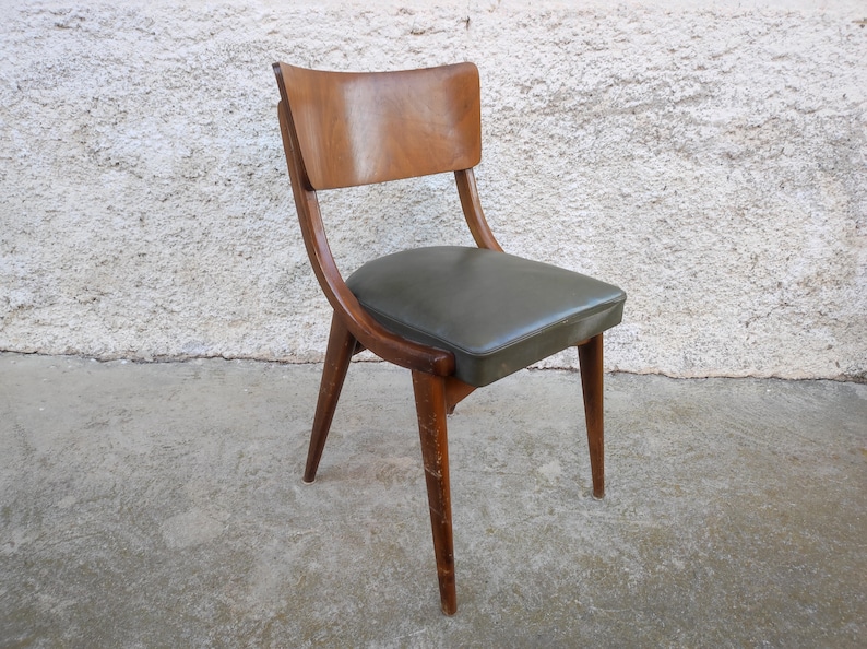 Vintage Wooden Chair/ Wood and Green Leather Chair / Dining Chair/ Stol Kamnik Chair/ Stol Kamnik/ Retro Furniture/ Yugoslavia Chair/ 60s image 1