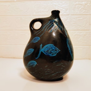 Vintage Ceramic Vase/ Flower Vase/ Black Ceramic Fish Vase/ Hand Painted Vase with Fish / Decorative Vase/ Home Decor/ Kitchen Decor / 90s