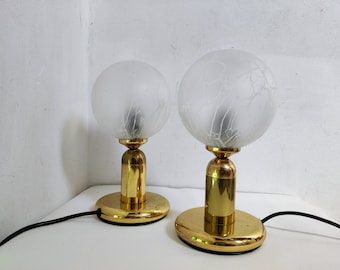 Vintage Golden Metal Desk Lamps, Frosted Glass Shade, 70s Yugoslavia (Pair)