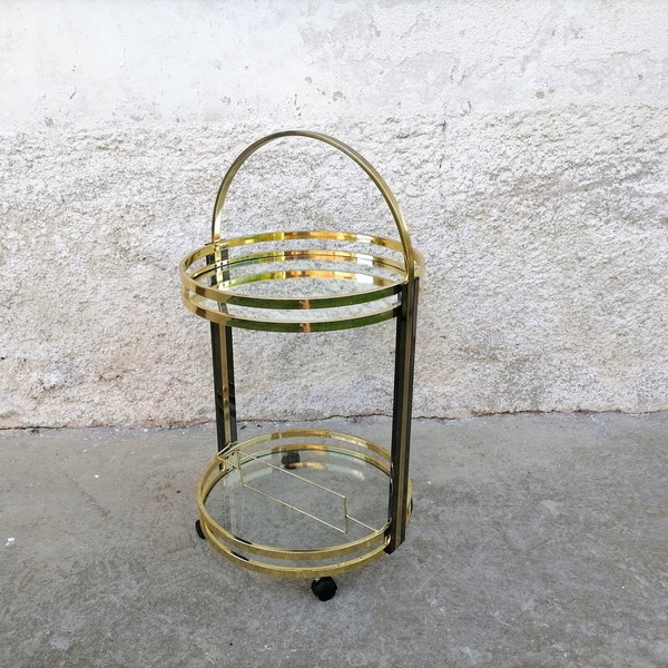Vintage Golden Serving Trolley /Vintage Round Bar Cart/ Mid Century Serving Table / Metal and Glass Service Trolley / Home Decor/ 1990s
