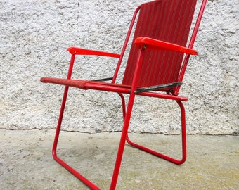 Vintage Picnic Chair / Retro Chair/ Canvas Chair / Metal Folding Compact Chair /Old Red Chair /Folding Chair / Beach Chair/ Folding Chair/70