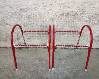 Mid Century Metal Garden Chairs/ Memphis Style Chairs/ Pop Art/ Red and White Garden Chairs/ Meblo Metal Chairs/ Mid Century Modern/ 70s
