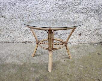 Vintage Rattan Coffee Table with Glass Top, Boho Patio Furniture