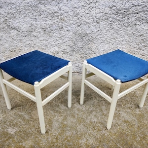 Vintage Pair of Wooden Foot Stool/Mid Century Ottomans / Upholstered Stools / Blue Taburette/ Vintage Furniture/ Foot Stool/ 70s/ Yugoslavia