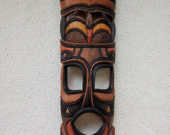 Máscara tótem africana vintage de madera tallada / Decoración africana de madera tallada a mano / Escultura decorativa para el hogar / Decoración de pared antigua de los años 70