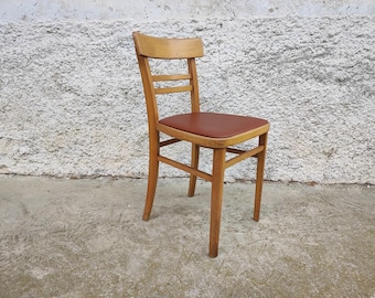 Vintage Wood and Faux Leather Dining Chair - 1960s Yugoslavia
