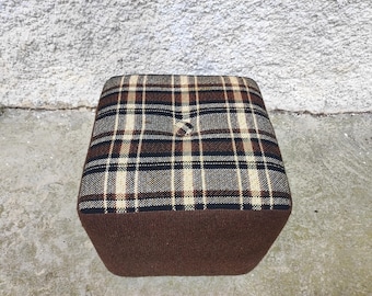 Mid Century Modern Viereck Hocker: Braun Retro Ottomane kariert, 70er Jahre Jugoslawien Möbel