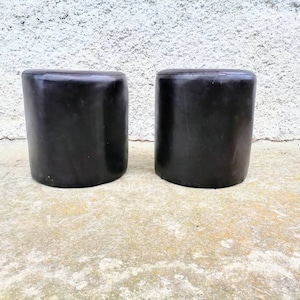 Pair of Vintage Mid Century Leather Stools/ 2 of 2 Leather Ottomans /Foot Stools/ Brown Leather Taburetes/ Retro Ottomans/Yugoslavia/ 80s