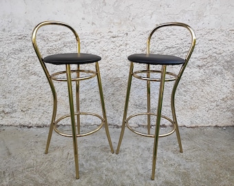 Vintage Pair of Faux Leather Bar Stools/ Retro Bar Chairs/ Old Black Faux Leather Chairs/ Metal And Faux Leather Stools/ Mid Century/ 90s