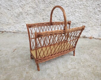 Mid Century Rattan Magazine Stand, Vintage Newspaper Holder, 80s Home Decor from Yugoslavia