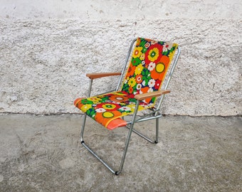 Vintage Picnic Chair/ Camping Flower Chair/ Folding Picnic Chair/ Canvas Chair/ Metal Compact Chair/ Colourful Chair/ Folding Chair/ 80s