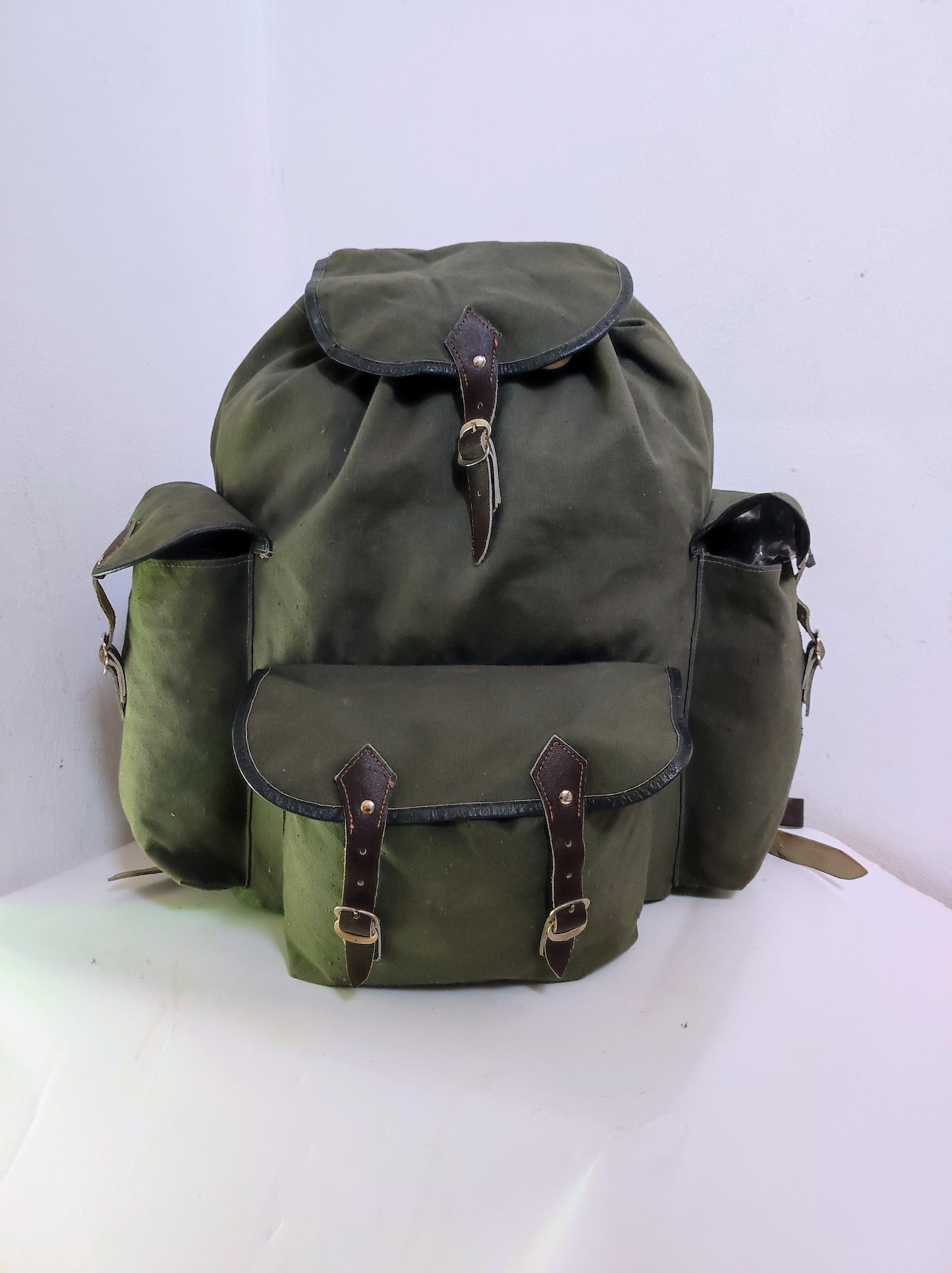 Grand Sac à Dos Militaire Vintage En Toile Canapone Vert - Italie Années 70/80