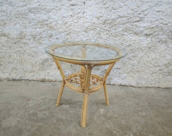 Vintage Rattan Coffee Glass Table/ Wicker Table / Patio Furniture/ Vintage Rattan Furniture/ Boho Style Table / End Table / 80s