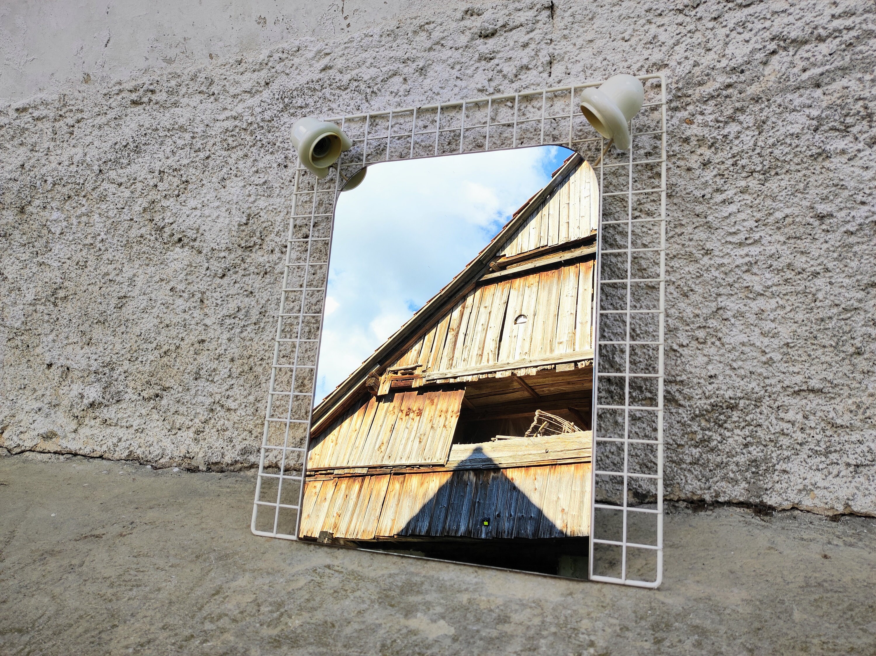 Vintage Metal Mirror with Lights / White Wall Mirror/ Retro Bathroom Mirror/ White Mirror/ Vintage Wall Decor/ 80s/ Yugoslavia