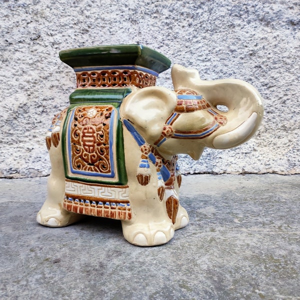 Vintage Ceramic Elephant Statue/Large Elephant/ Plant Stand Figure/ Retro Garden Seat/ Flower Stand / Decorative Ornament/Pottery Art/ China