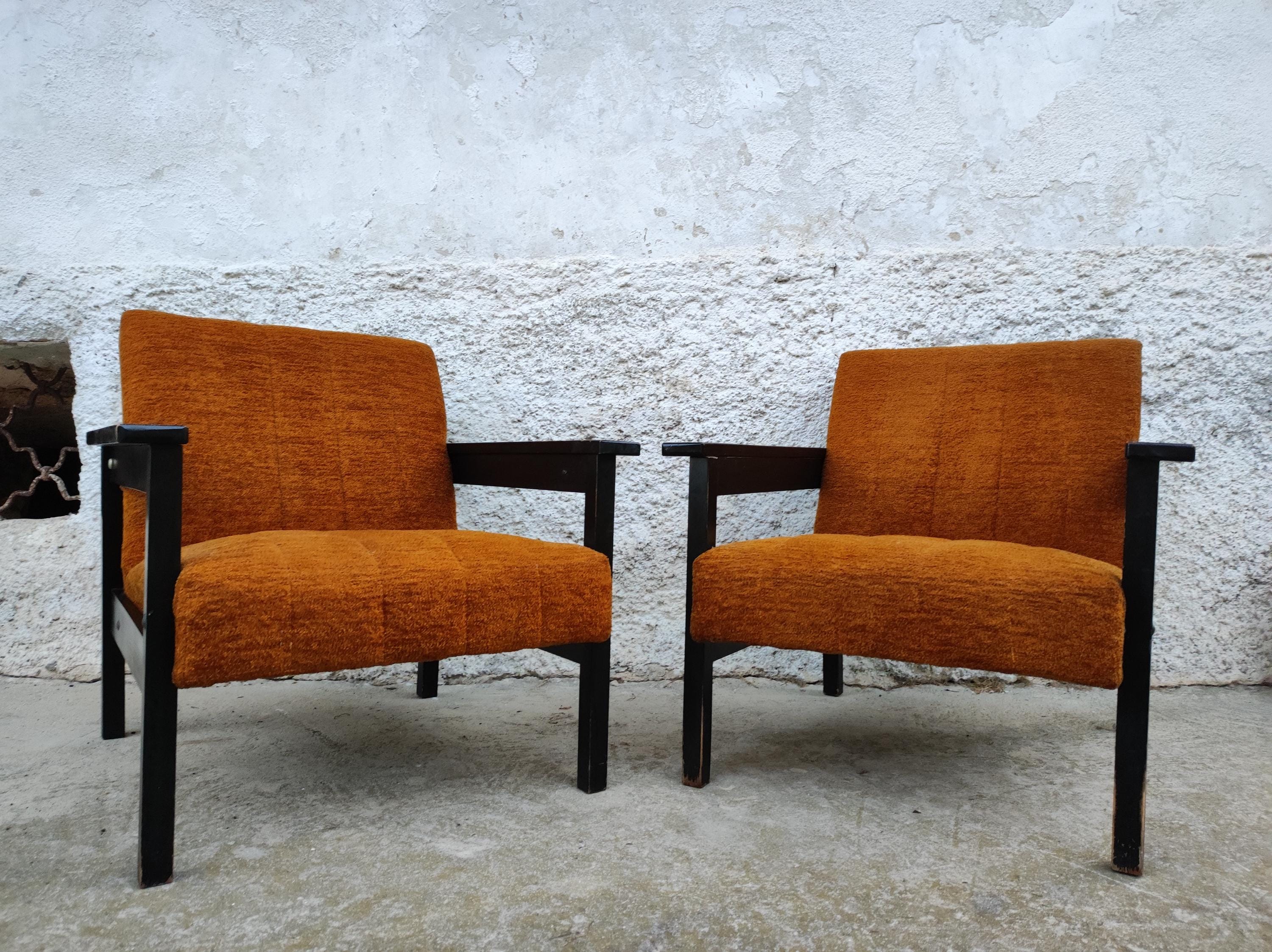 1 di 2 Poltrone da cocktail vintage/Poltrona da salotto/Poltrone da cocktail lounge di metà secolo/Poltrone in tessuto marrone vintage/Jugoslavia/Anni