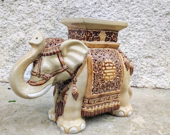 Vintage Ceramic Elephant Statue/XL Ceramic Elephant/Figurka stojaka na rośliny/Retro Garden Seat/Stojak na kwiaty/Dekoracyjna ozdoba/Sztuka ceramiki