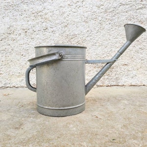 May include: A vintage galvanized metal watering can with a long spout and a handle. The can is weathered and has a rustic look.