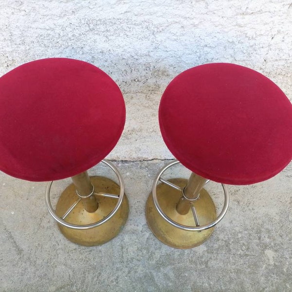 1 of 2 Vintage Bar Stools/ 1 of 2 Bar Chairs/ Vintage Chairs/ Metal And Textile Stools/ Red Bar Chairs /80s