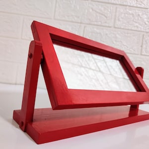 Vintage Red Wooden Table Mirror: Retro Vanity Decor, Yugoslavia 80s