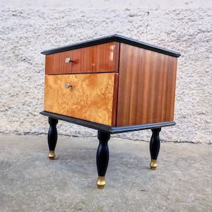 Vintage Varnished Bedside Table / Mid Century/ Nightstand Storage / Retro Night Table/ Storage Table/ MCM Wooden Nightstand/ Yugoslavia/ 70s