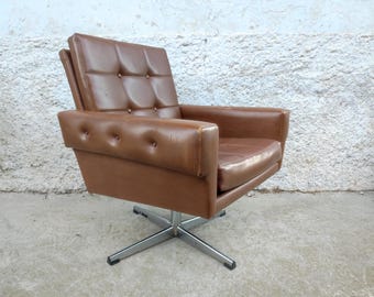 Mid Century Brown Faux Leather Swivel Lounge Armchair, Vintage Yugoslavian Furniture 70s Cocktail Armchair