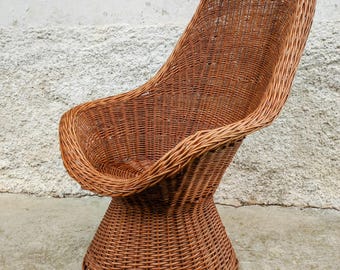 Vintage High Back Wicker Chair, Retro Rattan Accent Piece, 70s Yugoslavia