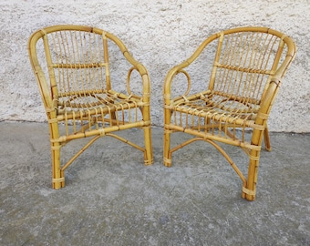 Vintage rotanstoelen (paar), boho-terrasmeubilair, fauteuils uit de jaren 80