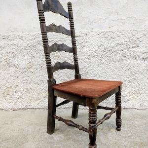 Vintage High Back Dining Chair/ Wood and Velvet Chair / Dining Chair/ Yugoslavian Chair/Vintage Furniture/ Retro Furniture/ Yugoslavia/  70s