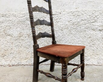 Vintage High Back Dining Chair/ Wood and Velvet Chair / Dining Chair/ Yugoslavian Chair/Vintage Furniture/ Retro Furniture/ Yugoslavia/  70s