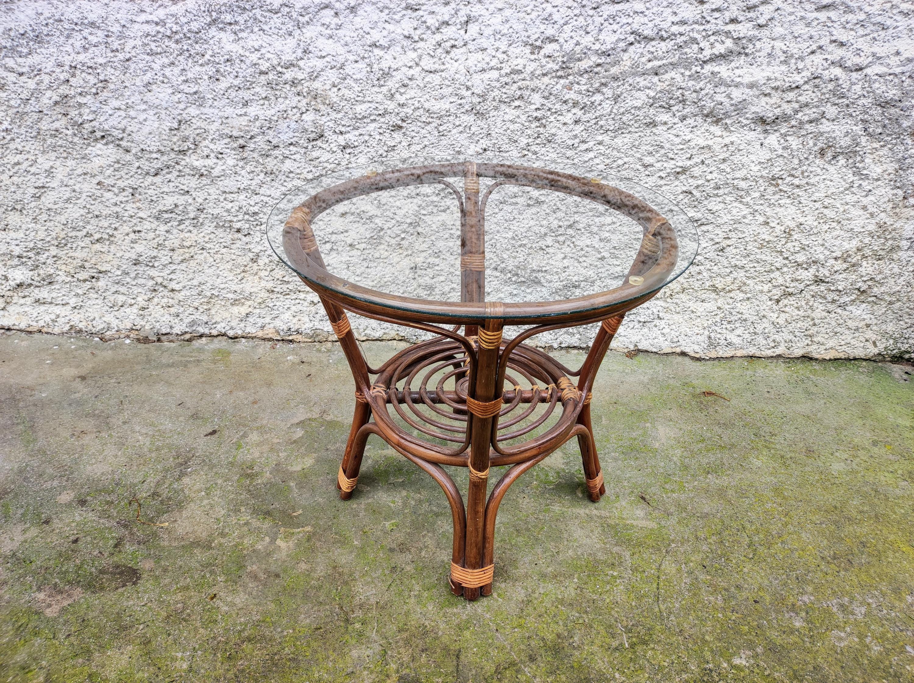 ヴィンテージ ダーク ラタン コーヒー ガラス テーブル / 籐テーブル