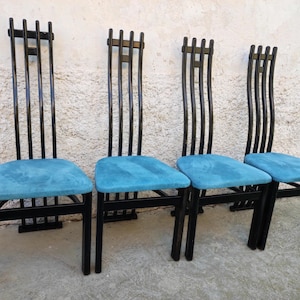 Vintage Set of 4 High Back Chairs / Post Modern Chairs/ Blue Upholstered Chairs /Modern Blue Lacquer High Back Chairs/ Italian Chairs  / 90s
