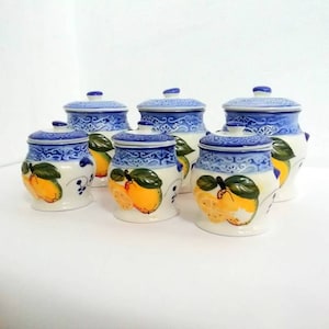 Juego de porcelana vintage/ Juego de seis ollas de porcelana/ Juego de colores/ Yugoslavia/ Decoración de cocina/ Ollas de almacenamiento/ Años 80