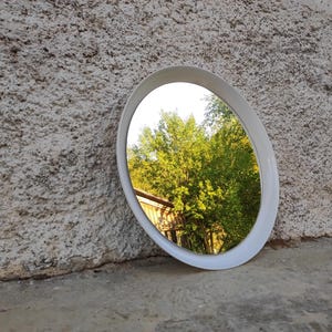 Mid Century Modern Round Wall Mirror: White Plastic Frame, 70s Retro Decor